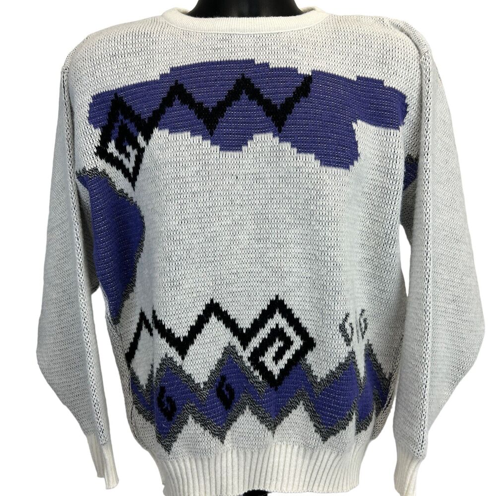 Vintage 90s Hilton Knit Sweater White Purple Geometric Made In USA Mens M Medium